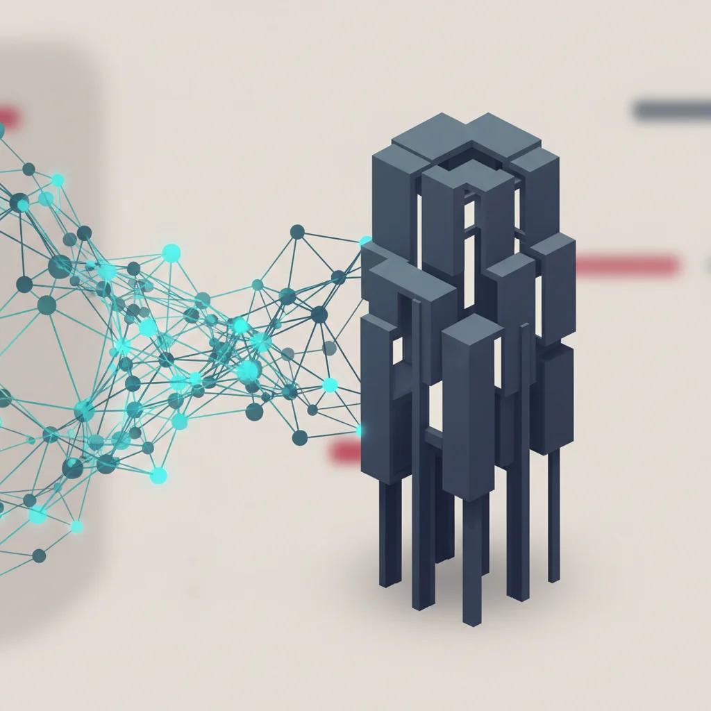 Abstract 16:9 editorial illustration depicting two contrasting structures: one representing decentralized bottom-up organic movement, the other representing structured top-down direction
