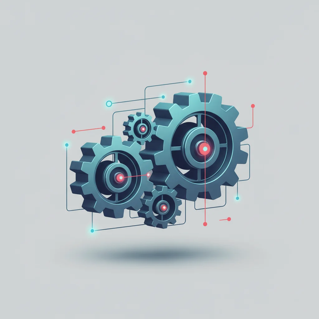 A minimalist, abstract conceptual illustration representing a self-sustaining architectural engine where software components interlock to drive circular velocity