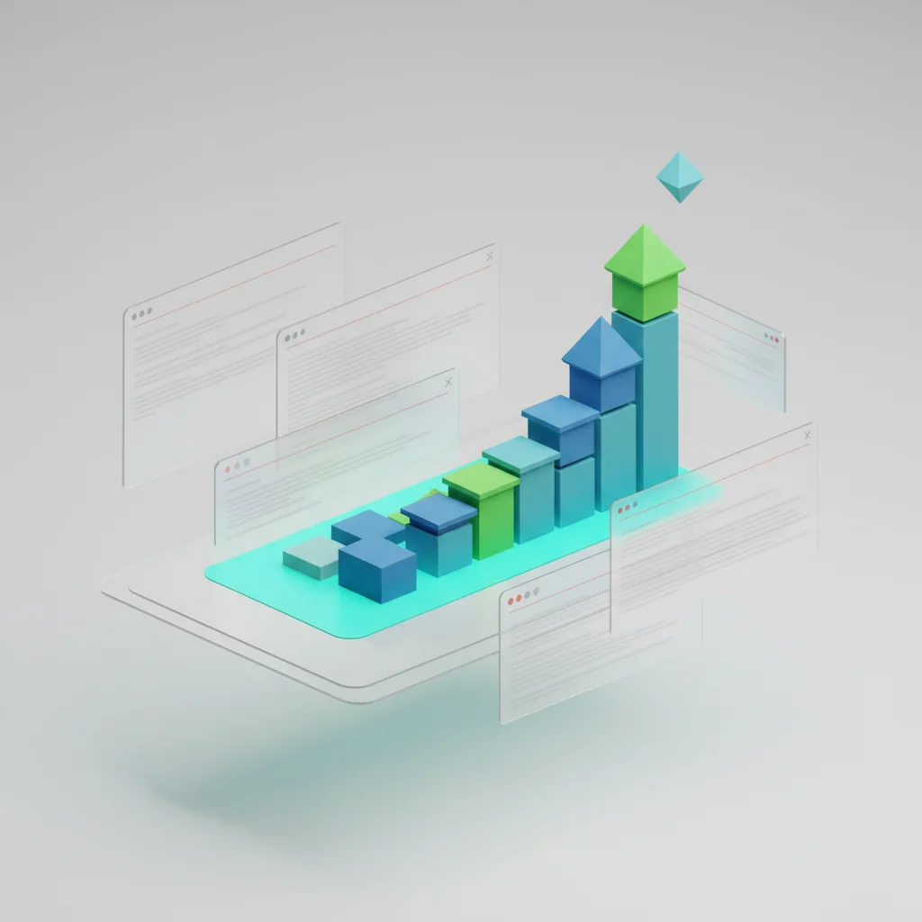 A symbolic abstract editorial artwork representing high organic search performance, exponential growth arrows, and secure digital structures.
