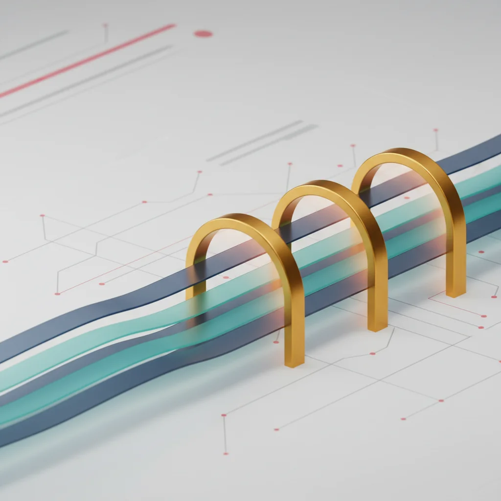 An abstract editorial graphic representing a pristine, structured, and securely monitored data pipeline.