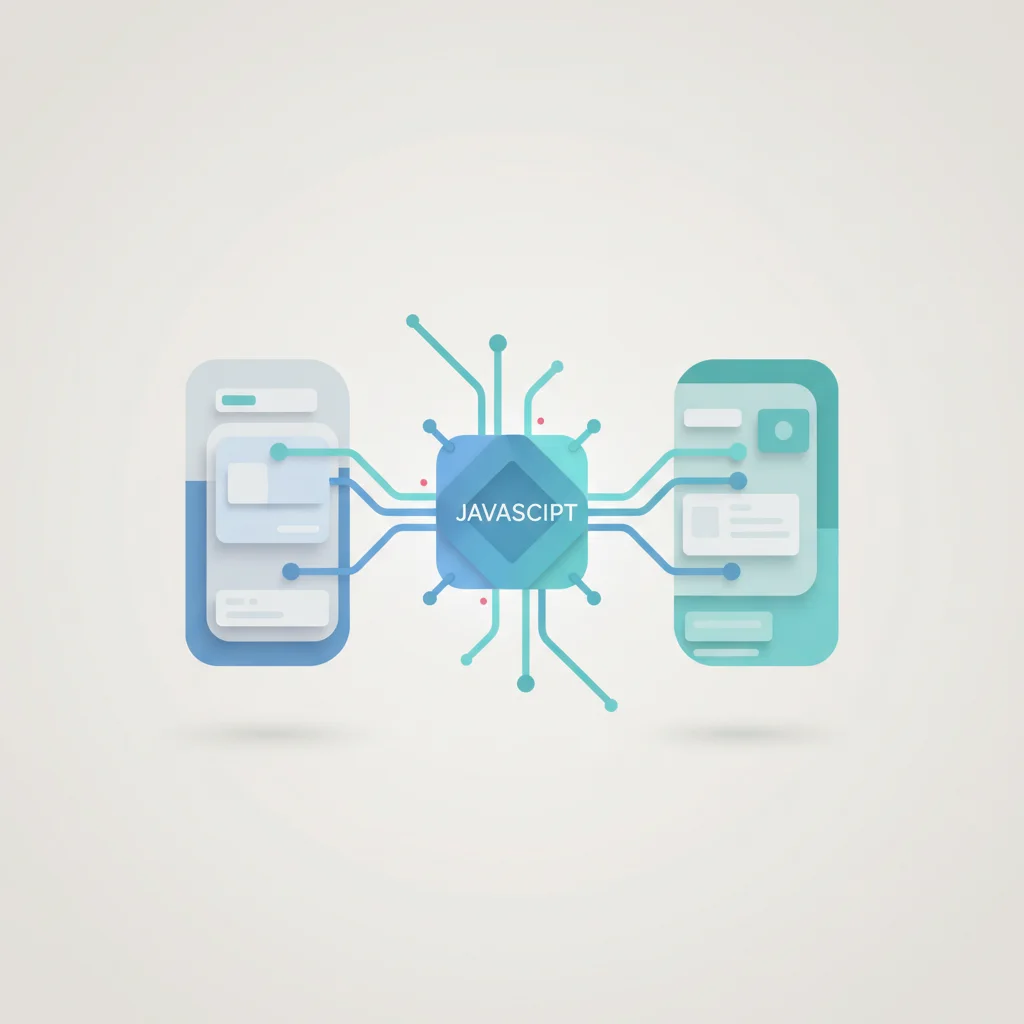 A symbolic editorial illustration showing a unified programming bridge connecting iOS and Android platforms