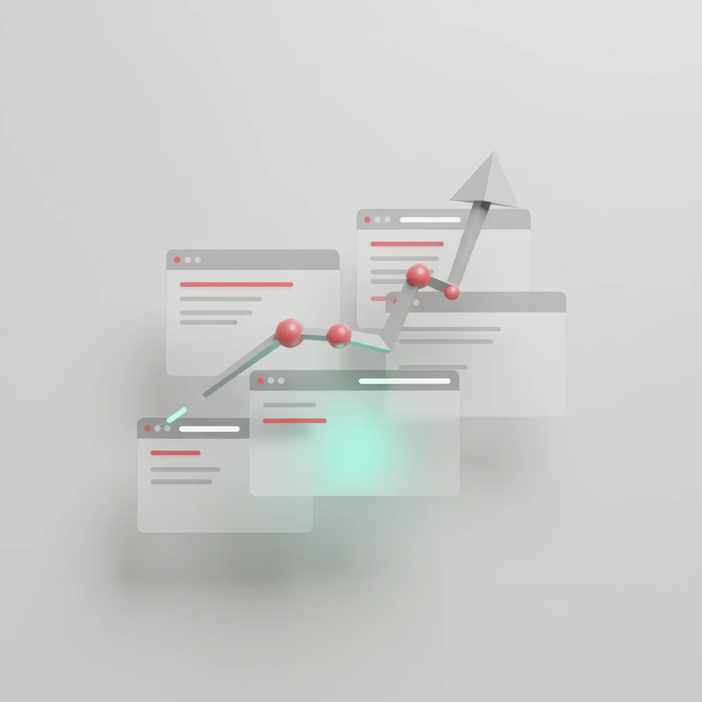 A symbolic abstract editorial artwork representing high organic search performance, exponential growth arrows, and secure digital structures.