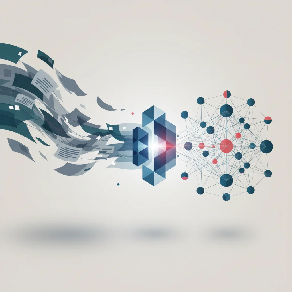 A symbolic abstract illustration showing unstructured digital documents transforming into a clean, interconnected nodes-and-links semantic data graph, representing schema markup.