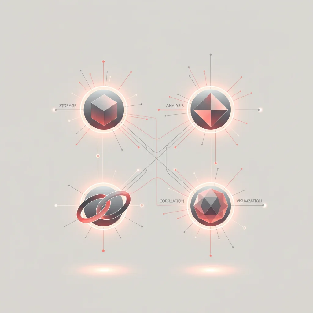 A sleek modern technological blueprint showing four core interlinked components inside a glowing architecture layout
