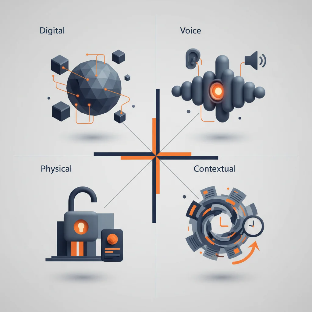 A clean infographic diagram illustrating the classification of social engineering attacks into digital, voice, physical, and behavioral vectors.