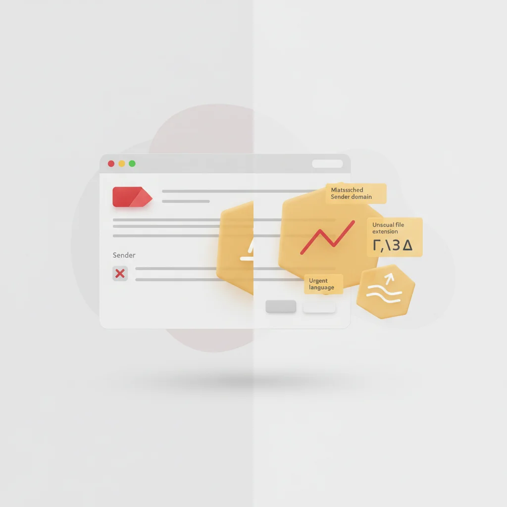 A conceptual view of an email interface with subtle, highlighted security red flags and technical discrepancies.