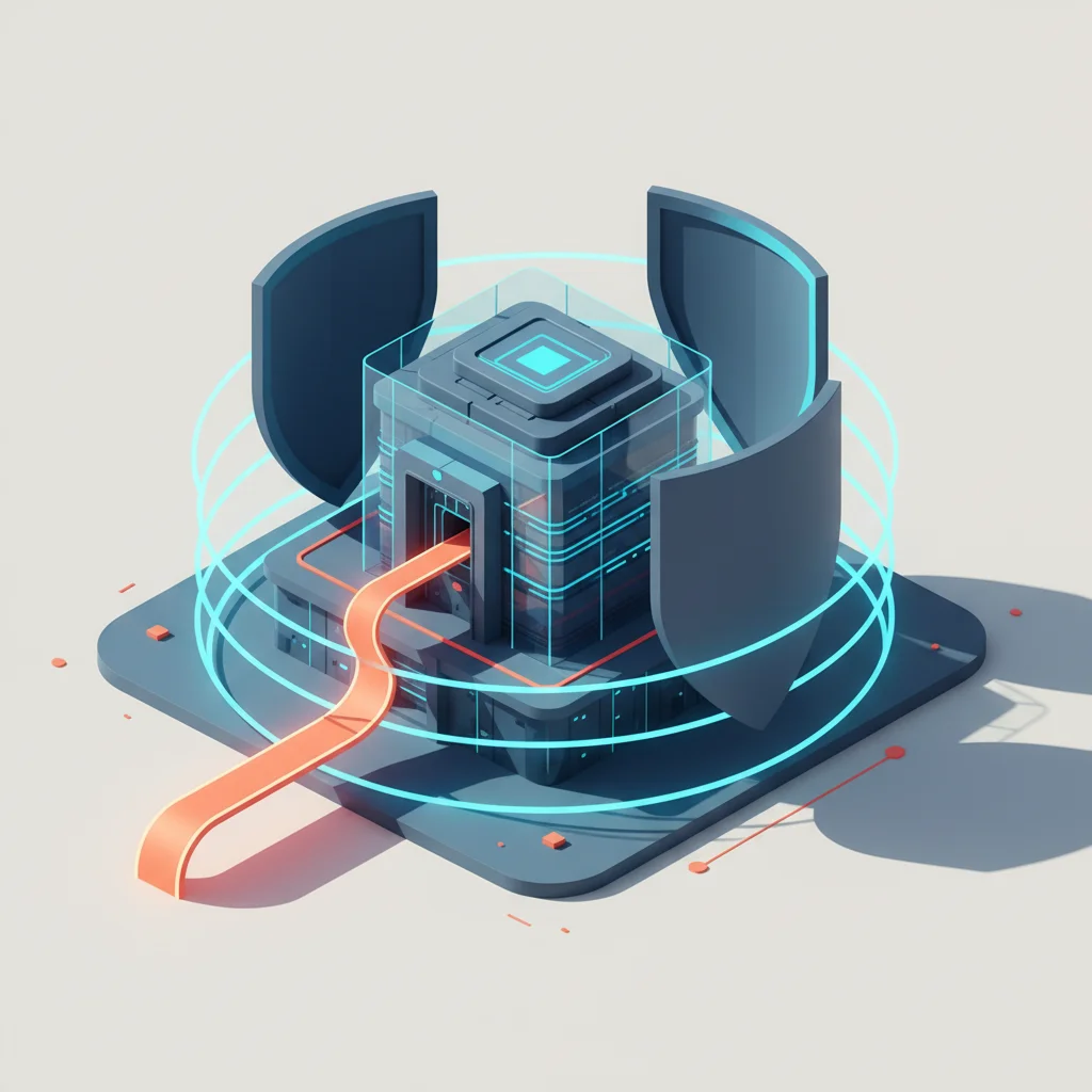 A conceptual illustration showing a secure, glowing digital fortress with a single bridge representing human trust being crossed by a shadow figure.
