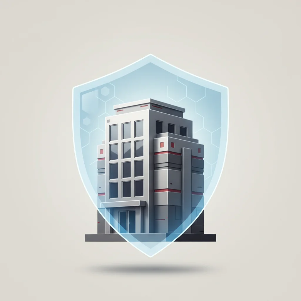 A solid glowing corporate shield defending a digital fortress