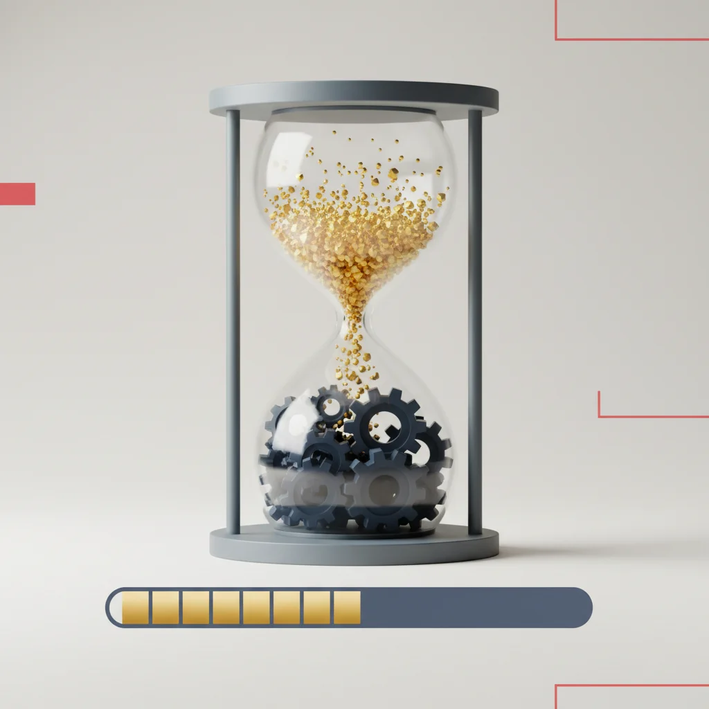 A symbolic editorial illustration showing an hourglass where clean code flows down and turns into heavy, dark gears, slowing down a corporate progress indicator.