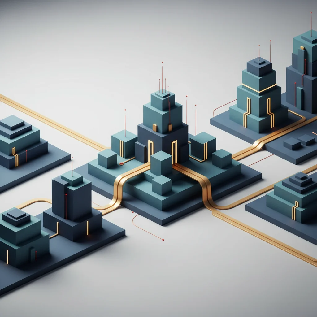 A symbolic editorial illustration showing a modern, glowing digital city glowing in perfect alignment, balancing structural pillars with elegant light pathways.
