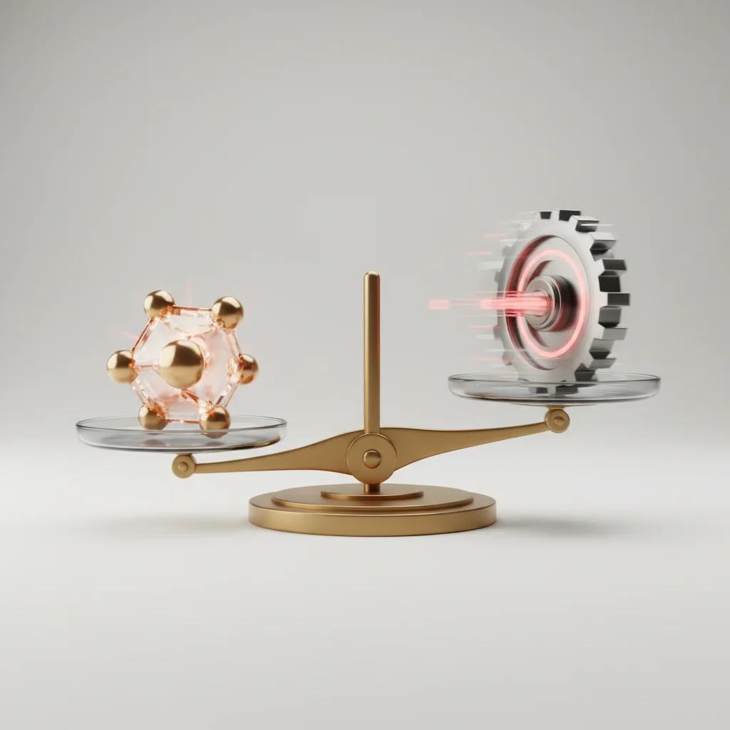 A symbolic editorial illustration showing a high-speed scale balancing a glowing, structured architectural node against a fast-forward time vector, in a precise corporate design.
