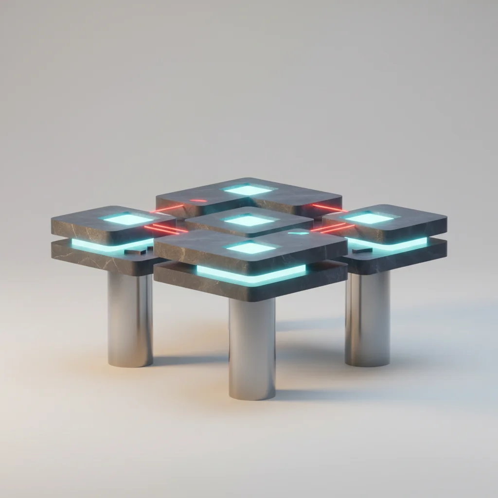 Conceptual editorial art showing structural balance, steady geometric elevation, and interconnected systems