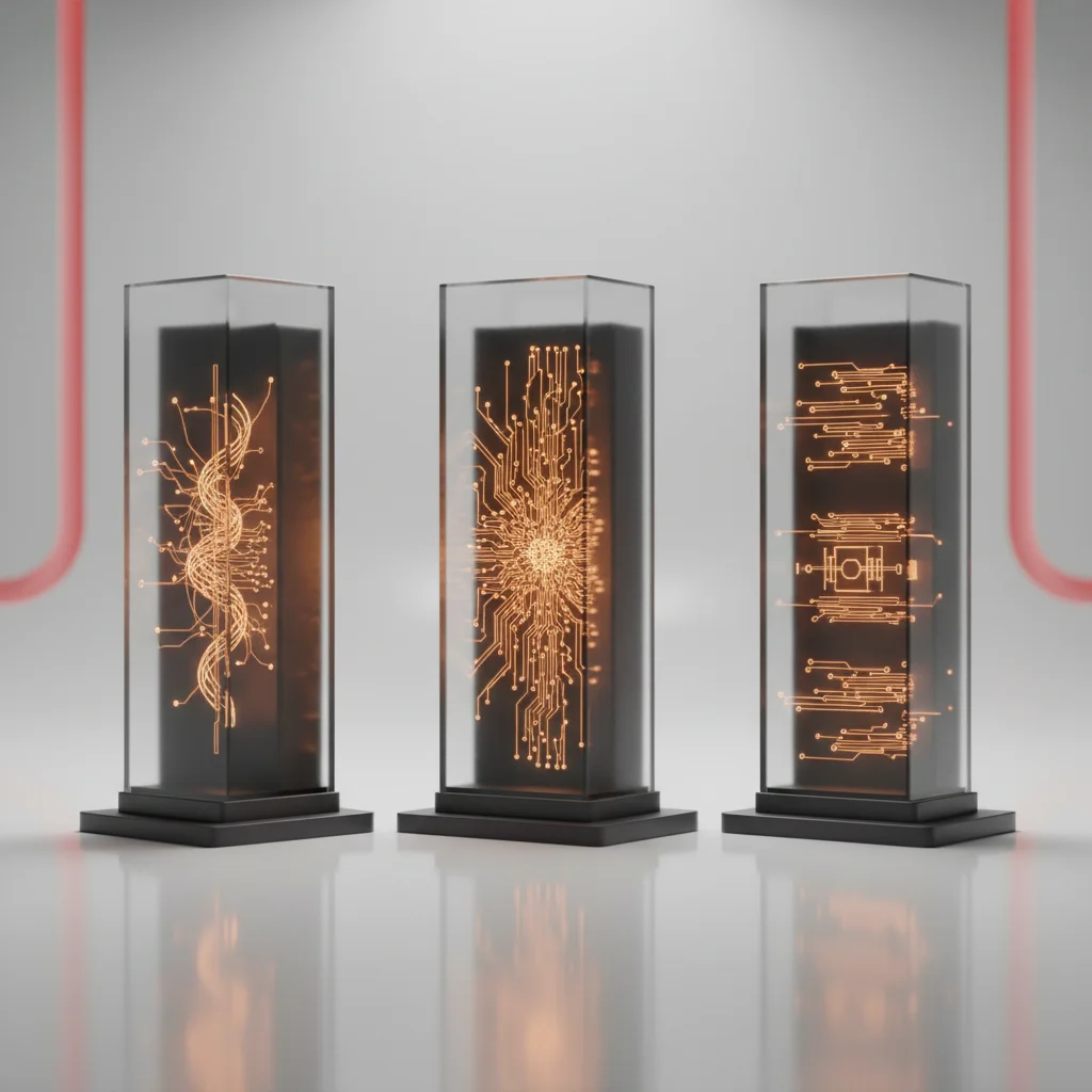 Editorial artwork representing three structured phases of digital data processing