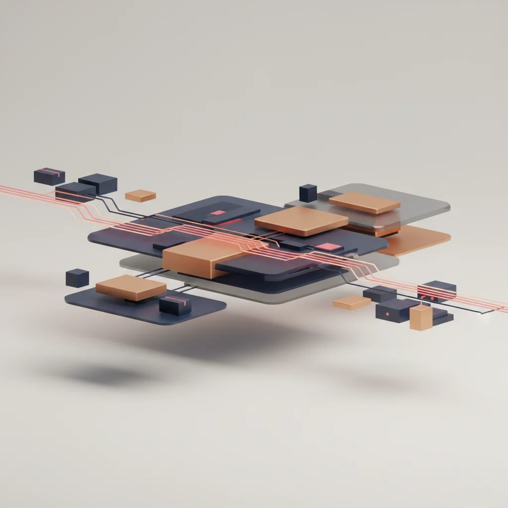 Symbolic editorial illustration of digital website infrastructure and connected technical nodes