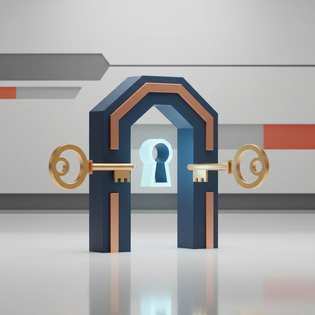 A symbolic corporate cyber security portal requiring two separate locks to open, in a highly secure server room setting