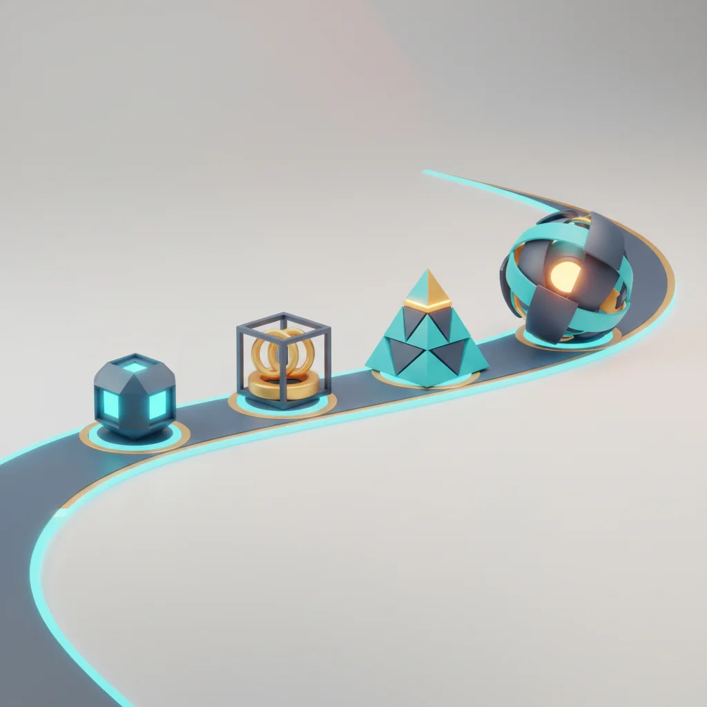 Strategic roadmap editorial artwork showing a smooth four-stage operational workflow for software development