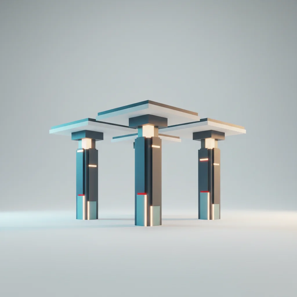 Architectural editorial illustration showing four foundational pillars supporting a balanced digital structure