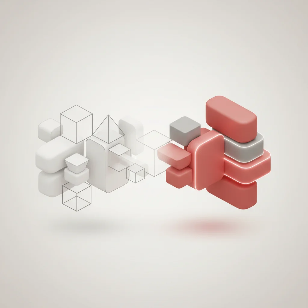 Minimalist editorial illustration showing a modular software architecture being covered with a vibrant brand overlay