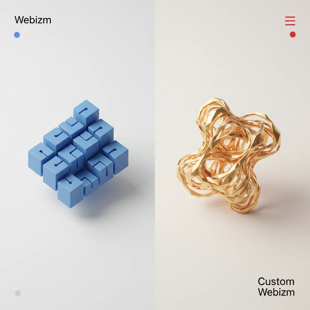 Editorial illustration comparing a pre-fabricated geometric puzzle on the left to an intricate custom-sculpted object on the right
