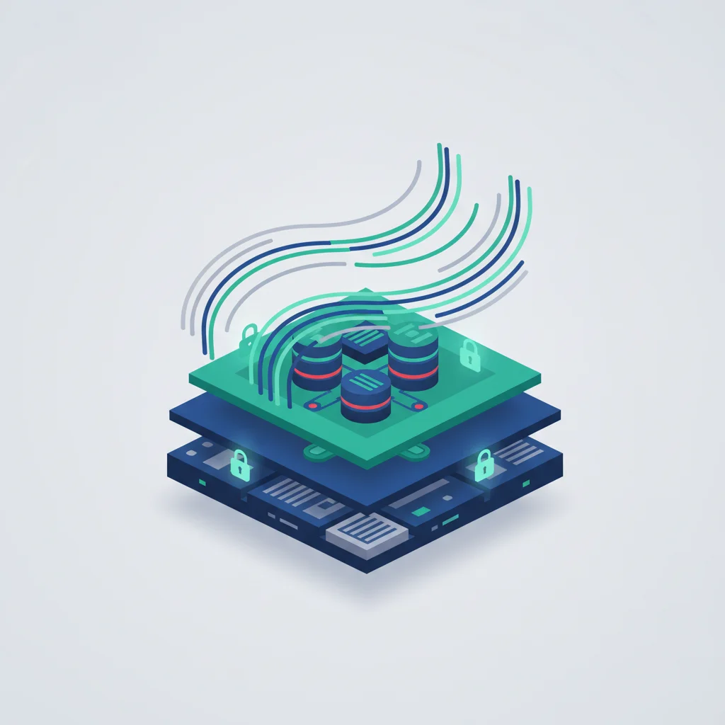 Conceptual editorial art depicting secure network nodes and server infrastructure layers.