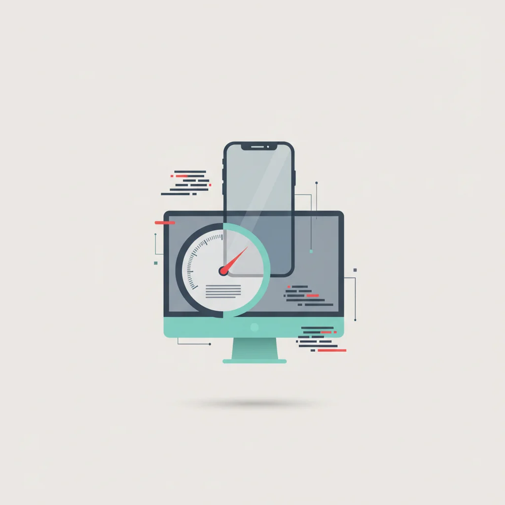 Minimalist corporate illustration showing responsive screens and performance optimization vectors.