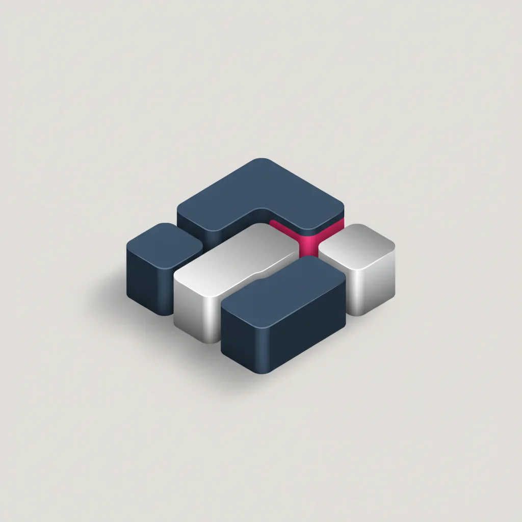 Minimalist abstract architectural illustration showing interlocking geometric blocks representing software layers.