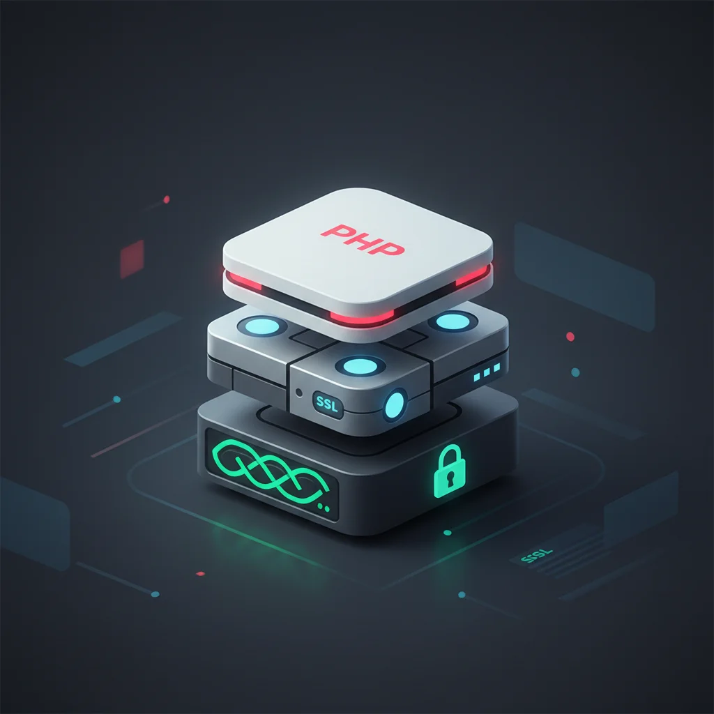 A symbolic editorial graphic showcasing server layers including PHP engines, database locks, and web server shields.