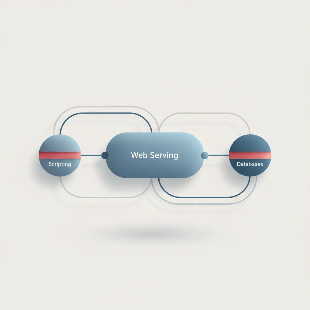 An abstract editorial illustration depicting a web browser communicating with a central server core containing code and database layers.