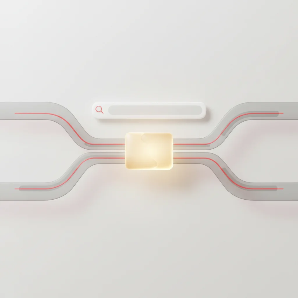 A symbolic editorial illustration depicting a web user interacting with a self-contained AI-generated interface on a search engine results page