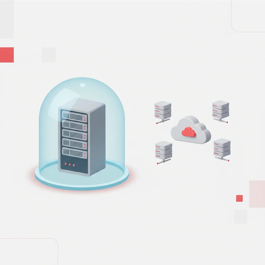 A professional corporate diagram showing a server rack in a quarantine status, isolated from clean local and cloud networks to stop malware spread.