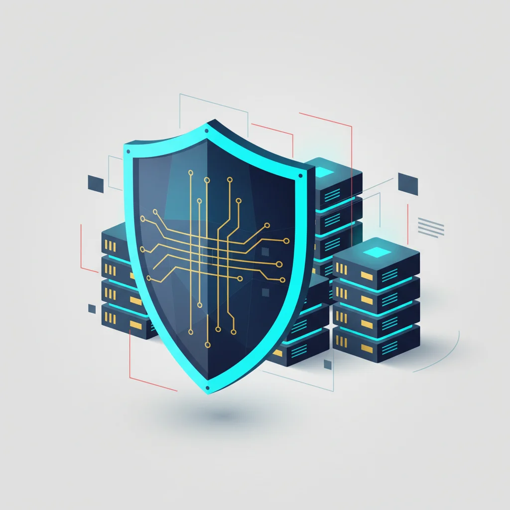 An editorial representation of website security hardening with multiple layers of defense protecting database structures.