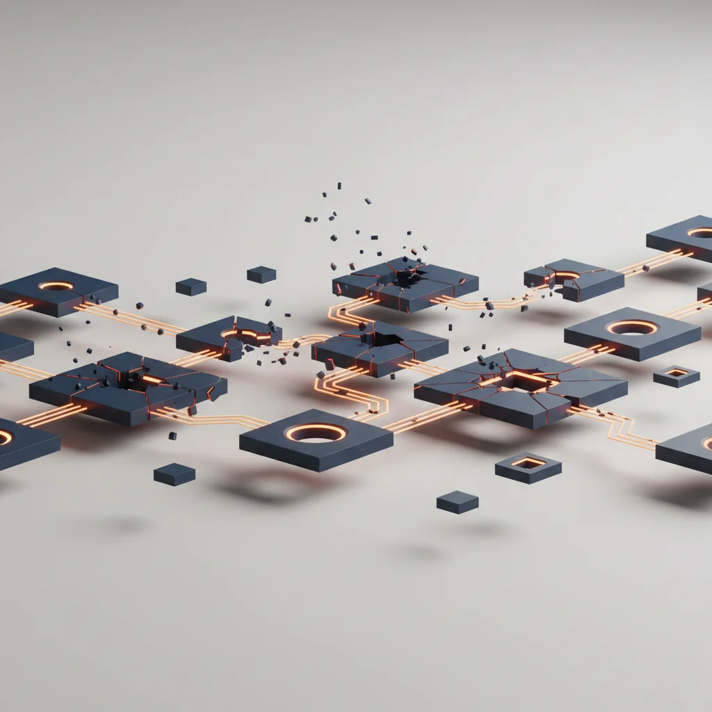 An abstract editorial illustration showing broken digital chains and data flow leakages symbolizing the risks of hasty software termination