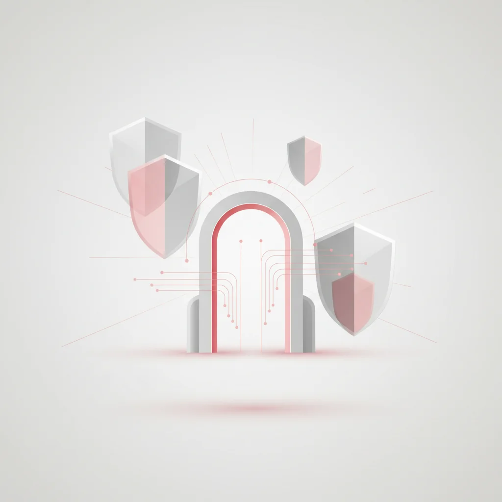 An abstract concept of a protective digital gate structure with glowing validation checkmarks, set in a professional dark corporate atmosphere, 16:9 aspect ratio
