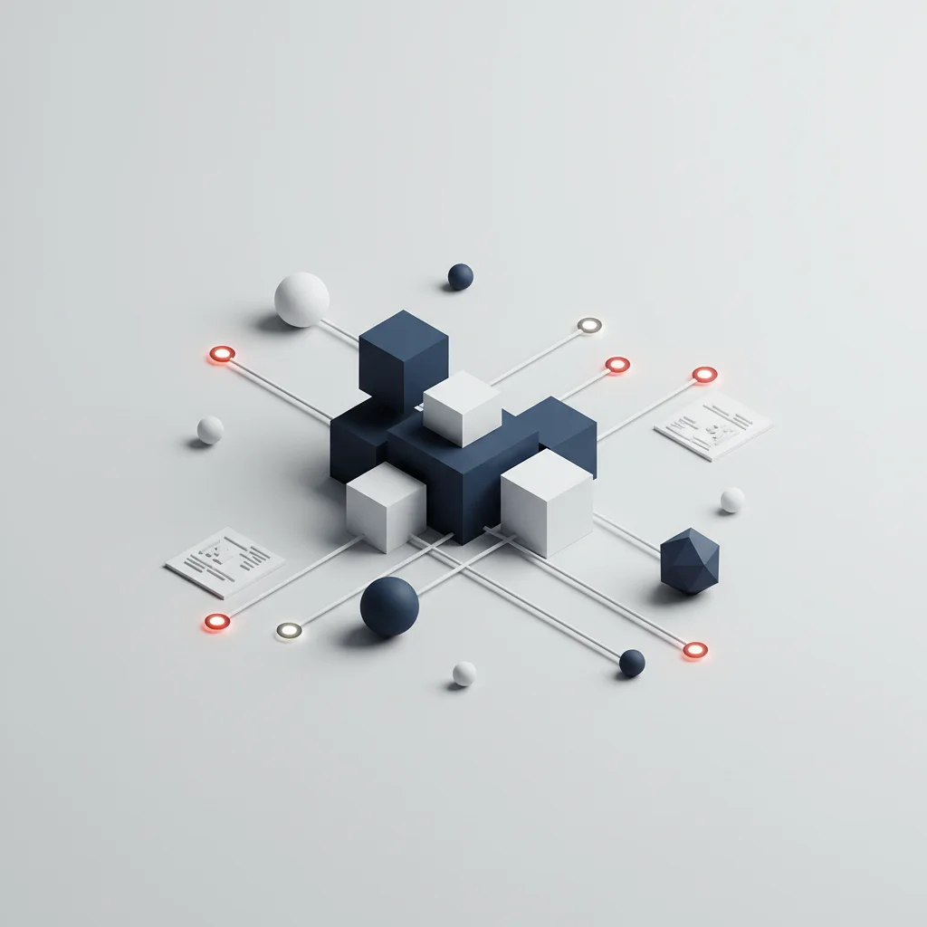 An abstract editorial graphic of balanced elements, weighing data, technology, and trust on a modern corporate grid, 16:9 aspect ratio