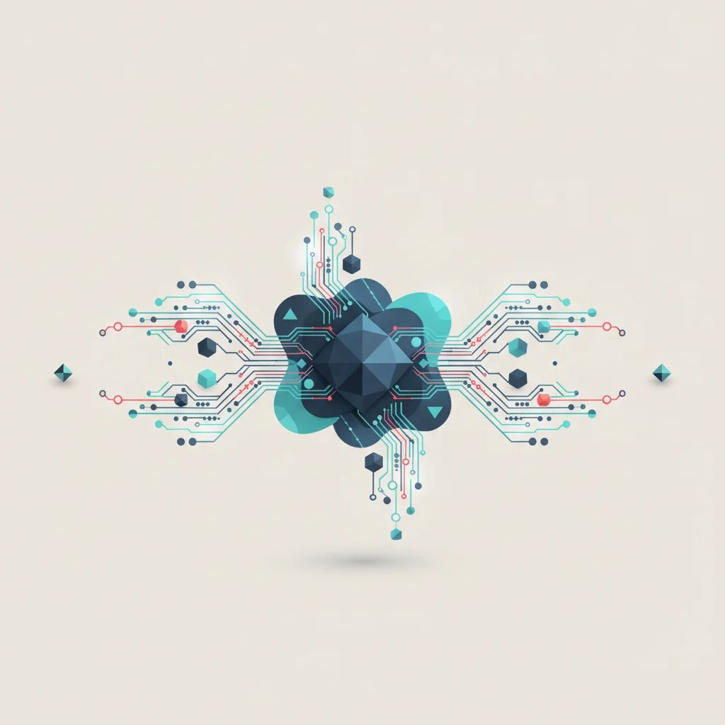 An abstract conceptual illustration showing two diverging paths of technological nodes merging into a unified digital core, corporate slate and blue tones, 16:9 aspect ratio