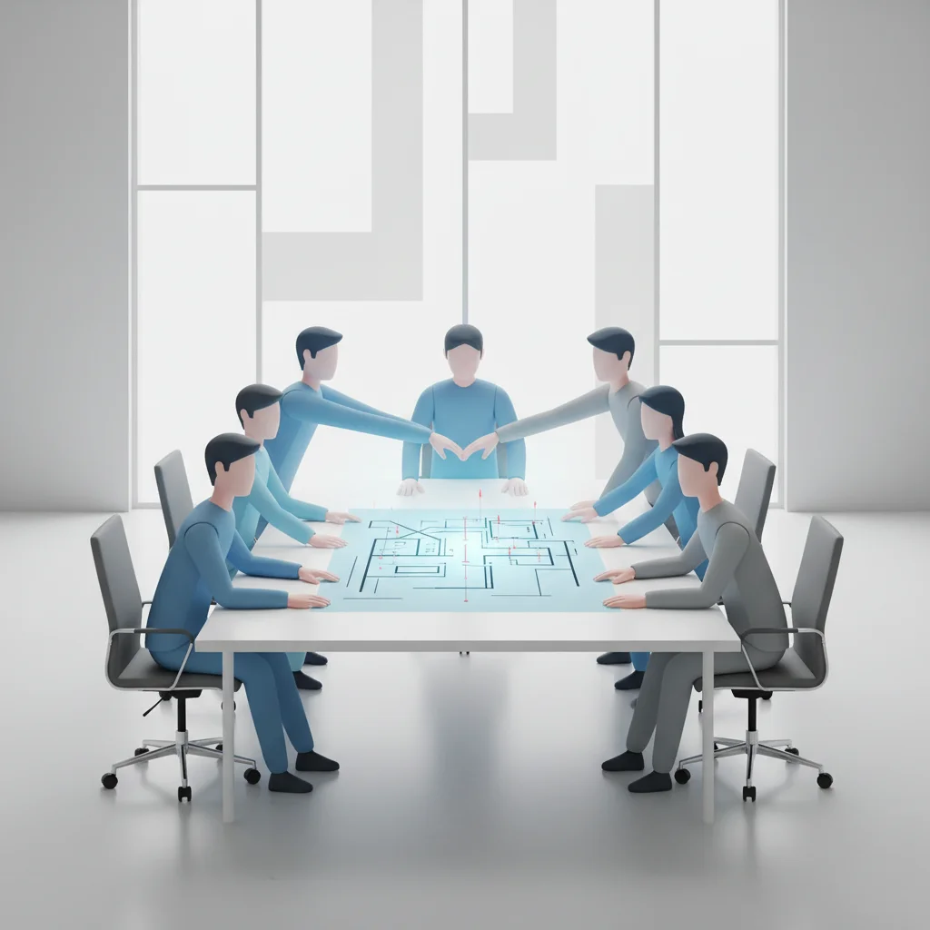 Minimalist corporate illustration showing two stylized professional teams collaborating over a modern architectural draft representing search engine visibility structures.