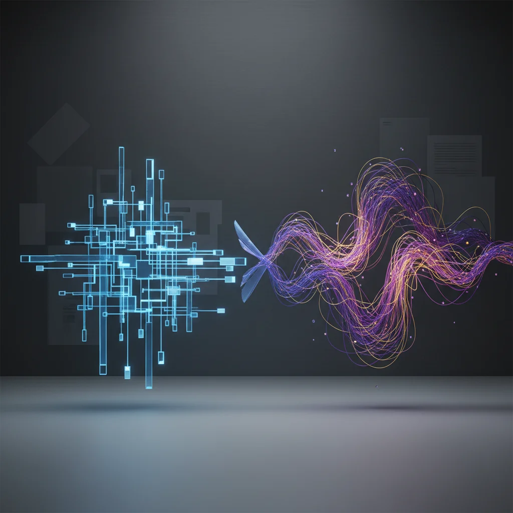 An abstract dual-sided conceptual illustration showing structured logical tracks on one side and a fluid, self-organizing network on the other.