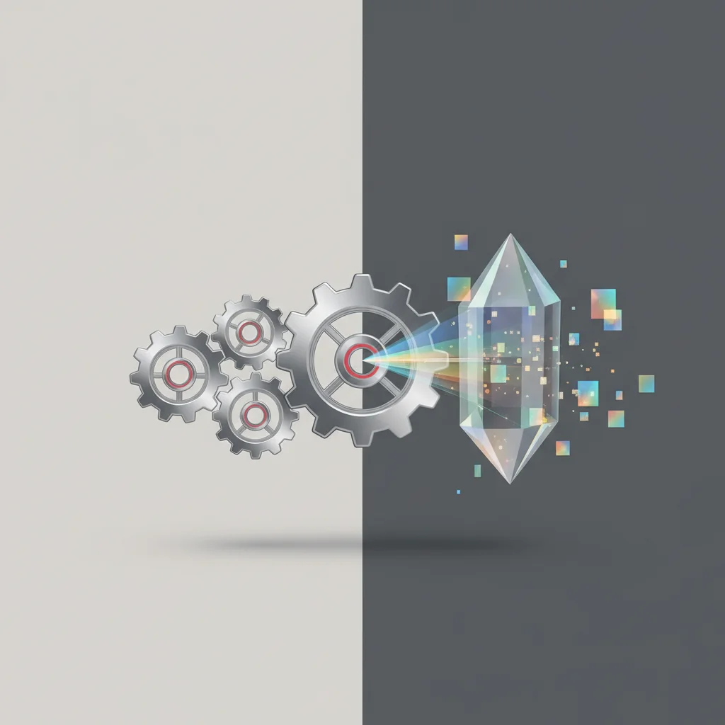 An editorial conceptual artwork contrasting a mechanical assembly gear-train with a glowing, multi-faceted prism refracting data streams.