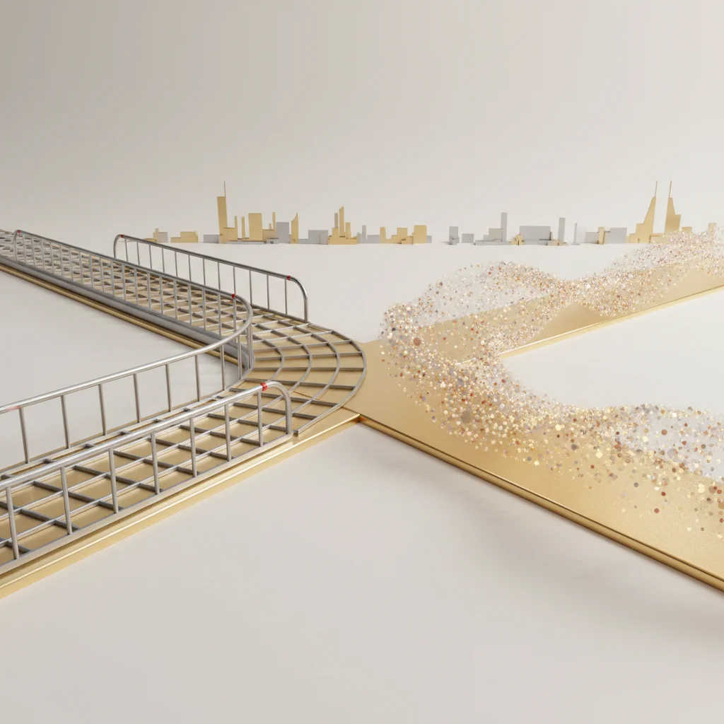 An abstract editorial graphic showing a directional corporate decision path diverging into highly organized and highly adaptive routes.