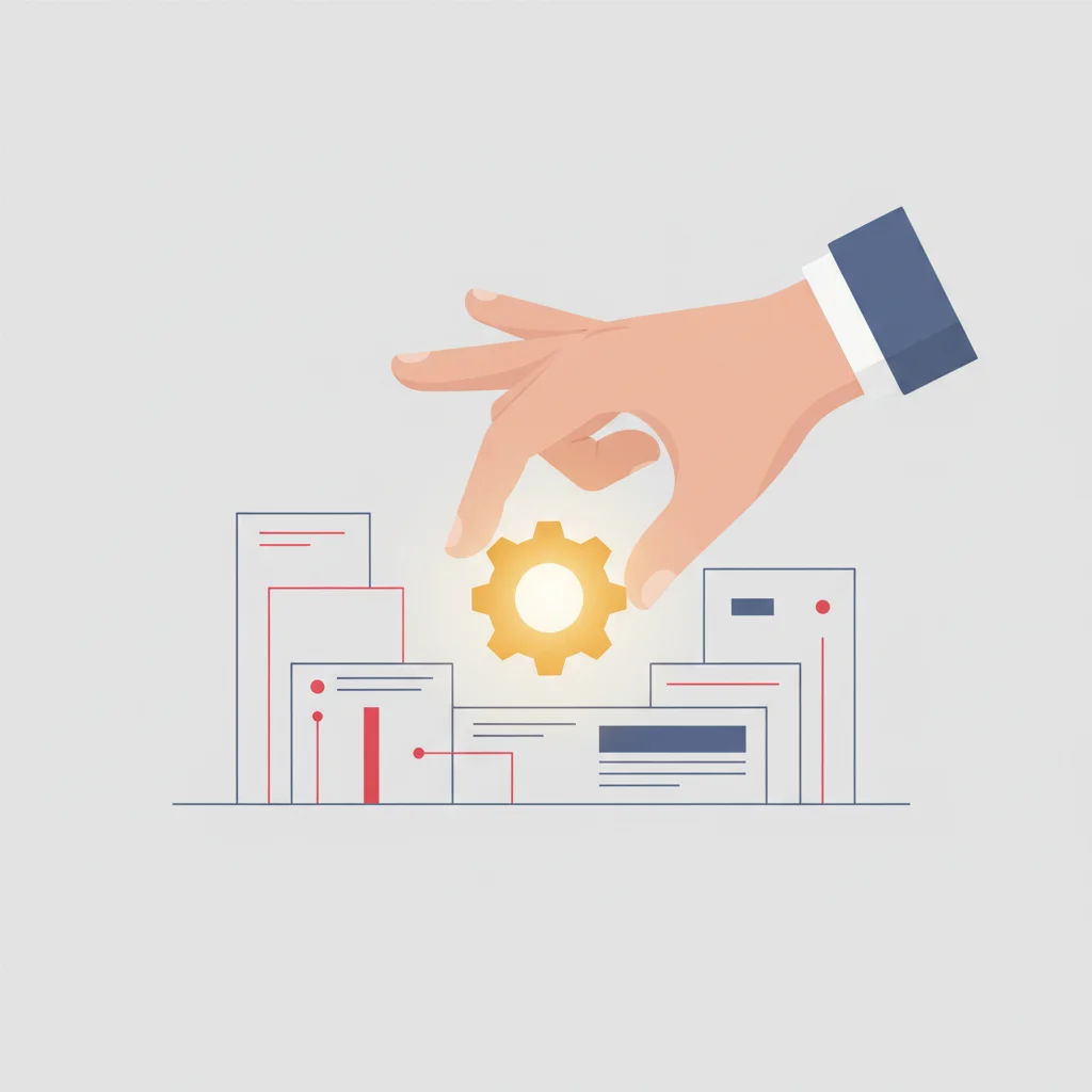 A symbolic corporate editorial illustration showing a careful hand placing a small gear into a larger, stable mechanical system, minimal abstract style, 16:9 landscape ratio.