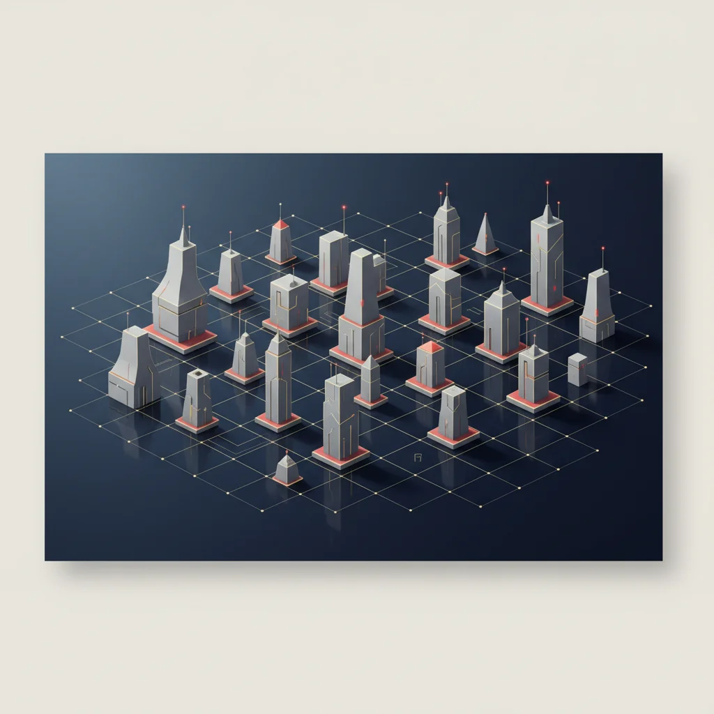 An abstract architectural grid expanding into a complex but highly organized network of glowing pipelines, 16:9 landscape.