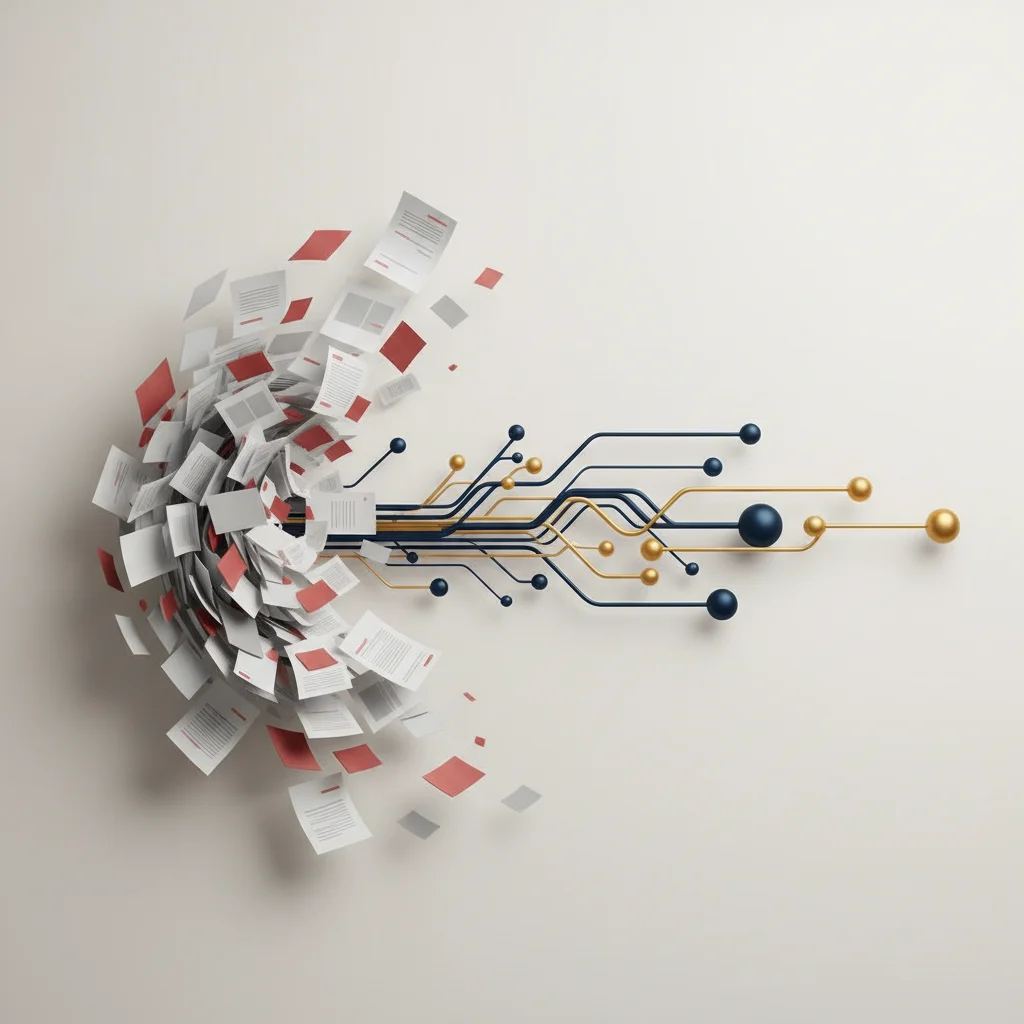 A clean editorial conceptual graphic showing neatly organized paper sheets transforming into glowing digital data nodes, 16:9 landscape ratio.