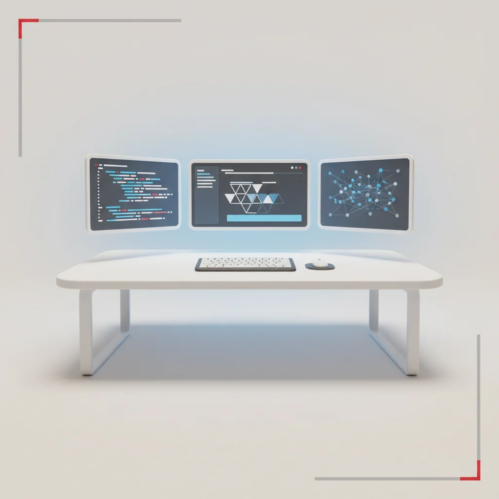 A modern corporate software developer desk with triple monitors displaying high-contrast IDE code editors, virtual environment terminals, and sleek development tools