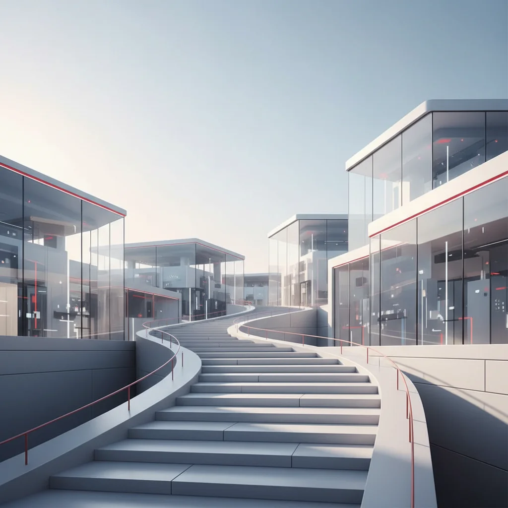 A professional 16:9 landscape symbolic editorial illustration representing a structured pathway of learning starting from foundational stone blocks rising to a complex software architecture under a modern sky