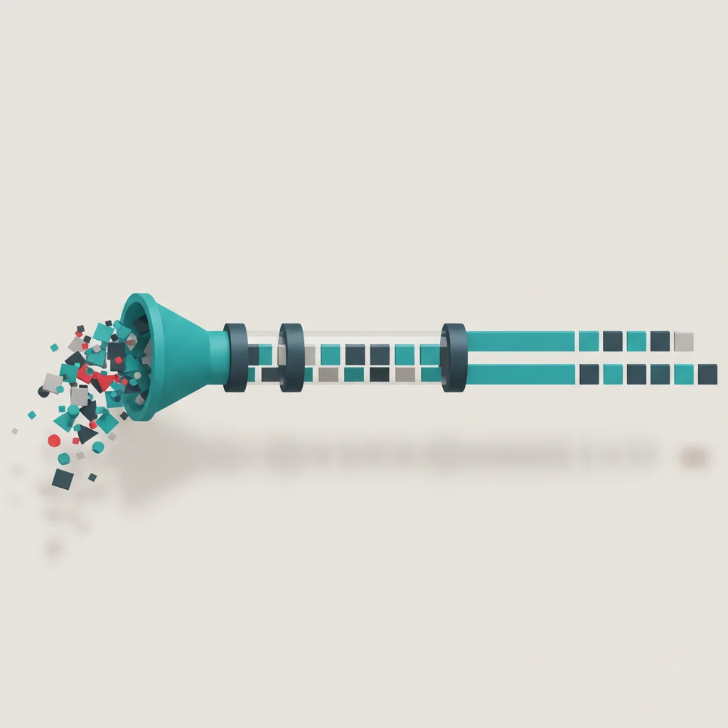 A clean symbolic editorial art piece depicting a streamlined flow of data units through a sorting lens