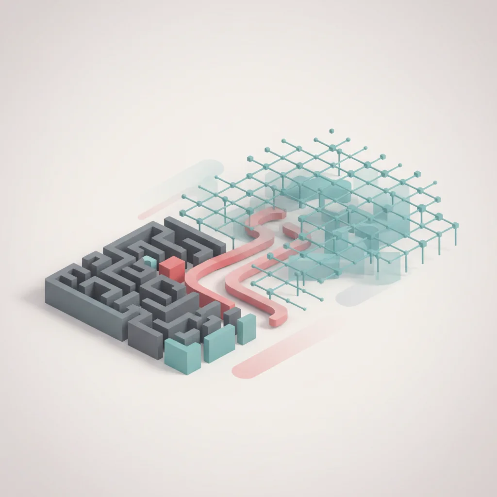 A symbolic technical illustration representing a fork in a road, with one path leading to a structured grid and the other to chaos