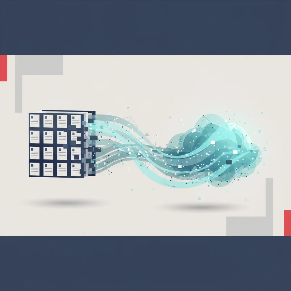 A symbolic corporate illustration depicting structured document stacks transforming into streamlined digital streams, representing the shift in routine roles.