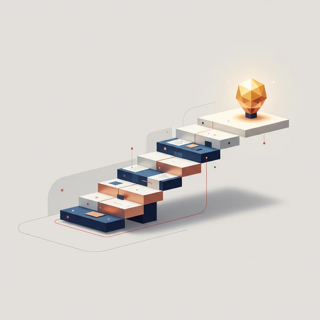 A professional illustration of a staircase made of abstract digital books leading to a higher vantage point of strategic monitoring.