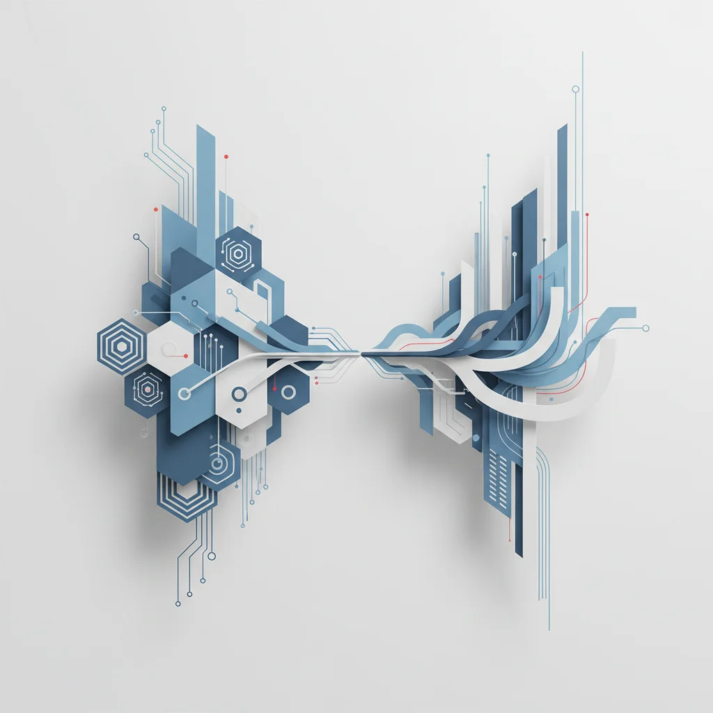 An abstract editorial illustration showing geometric shapes representing automated data pipelines and organic shapes representing human strategic oversight, balancing on a scale.