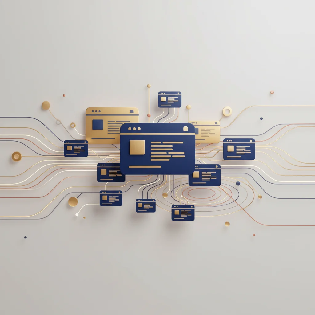 A symbolic abstract illustration depicting a transformation from simple linear web links to deep neural network nodes representing brand semantic entities